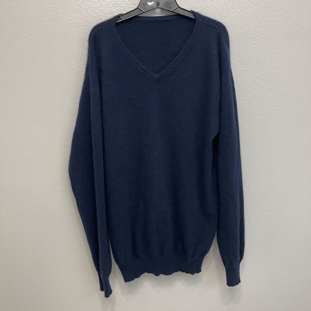 Men's Sweater Navy Blue Large X-Large 100% Cashmere V-Neck Long Sleeve